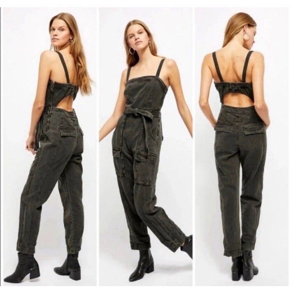 FREE PEOPLE Go West Black Open Back Tie Waist Cargo Utility Jumpsuit Women Sz S